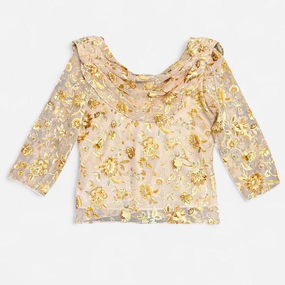 Vintage Y2K MSK Golden Yellow Metallic Floral Draped 3/4 Sleeve Fairycore Top - Picture 6 of 8